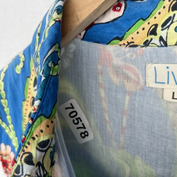 LIVRO Dress L Floral Bird Fit & Flare Button Front Mini Shirtdress Cotton Blue - Picture 16 of 16